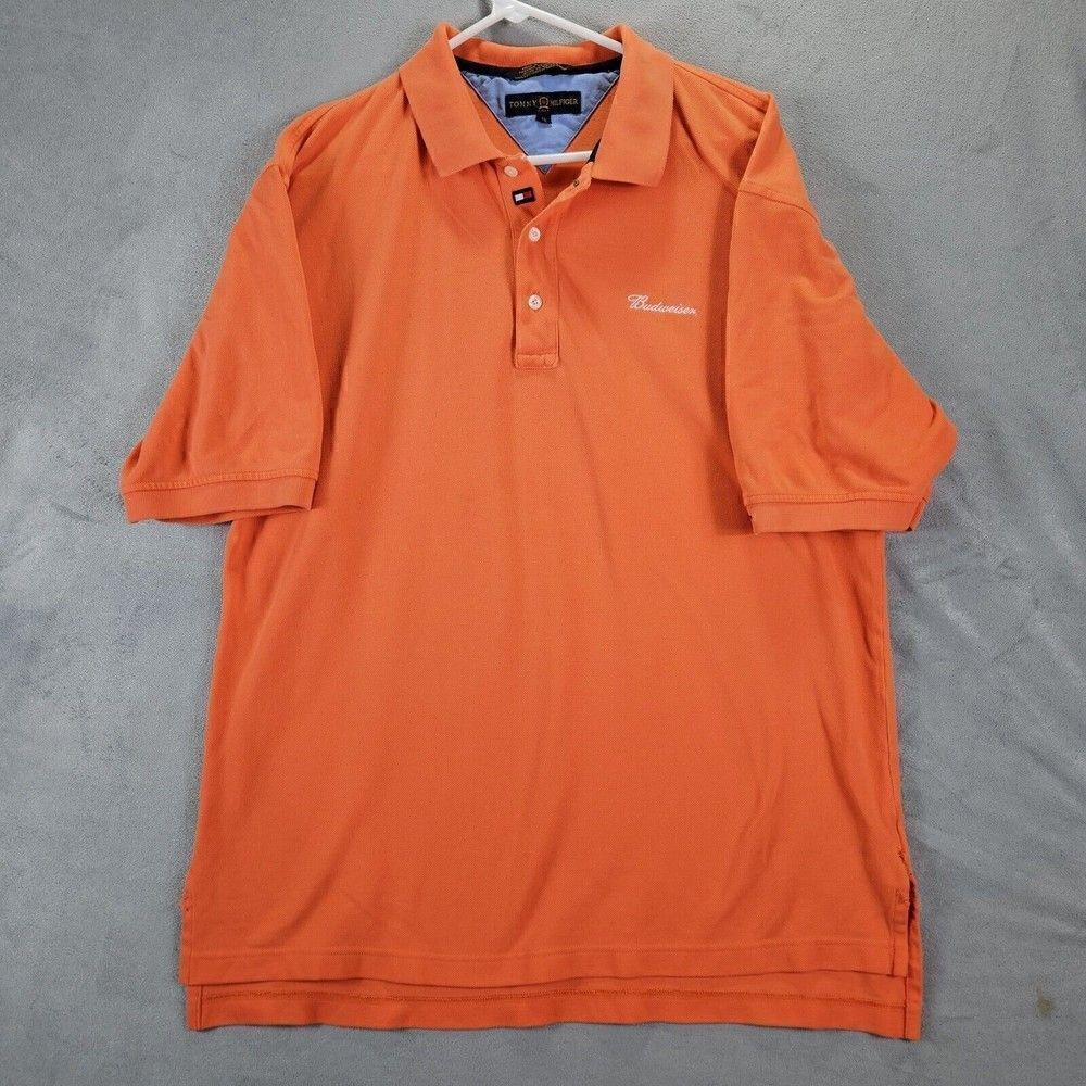 Budweiser Shirt Mens XL Orange Tommy Hilfiger Golf Embroidered Short Sleeve Polo